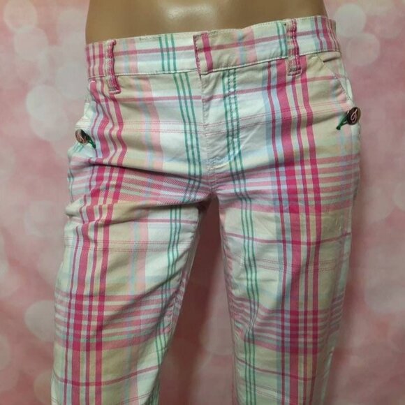 Y2K Tommy Jeans low rise Cropped Plaid Pants Size 3 Pastel Pink Yellow White - Picture 2 of 10